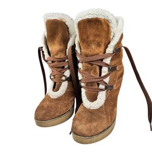 MIA Glenda C21327 Tan Suede Sherpa Lined Lace Up Wedge Ankle Boots Womans 7.5M